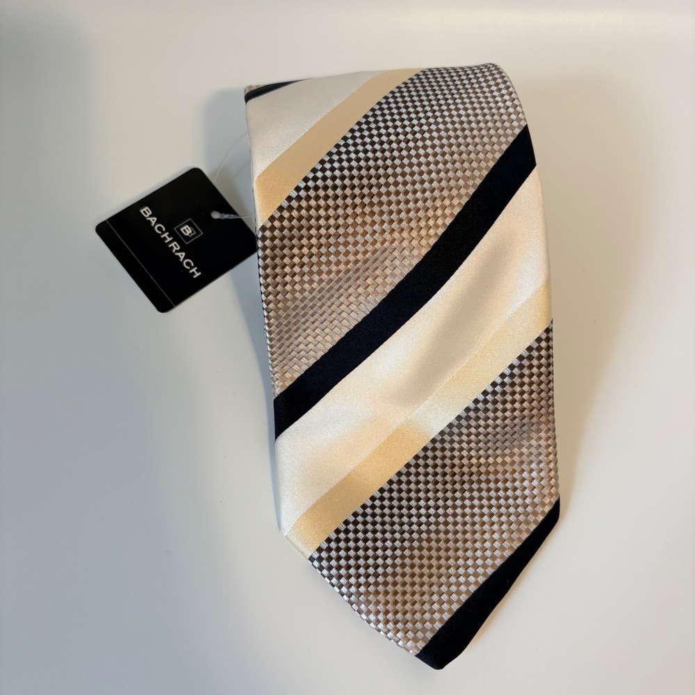 Bachrach Necktie Striped Silk Mens NEW Checkered Diagonal Tan Cream Black Silver